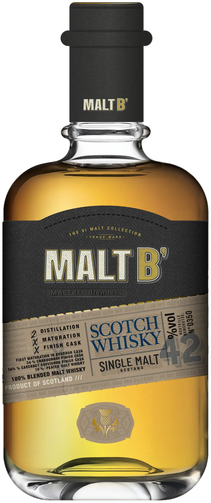 Bouteille Scotch Whisky tourbé Malt B' Pure Malt finition Cabernet Chardonnay - Distilleo