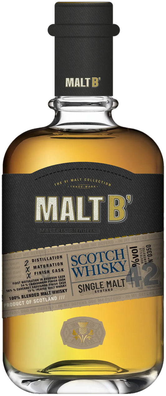 Bouteille Scotch Whisky tourbé Malt B' Pure Malt finition Cabernet Chardonnay - Distilleo